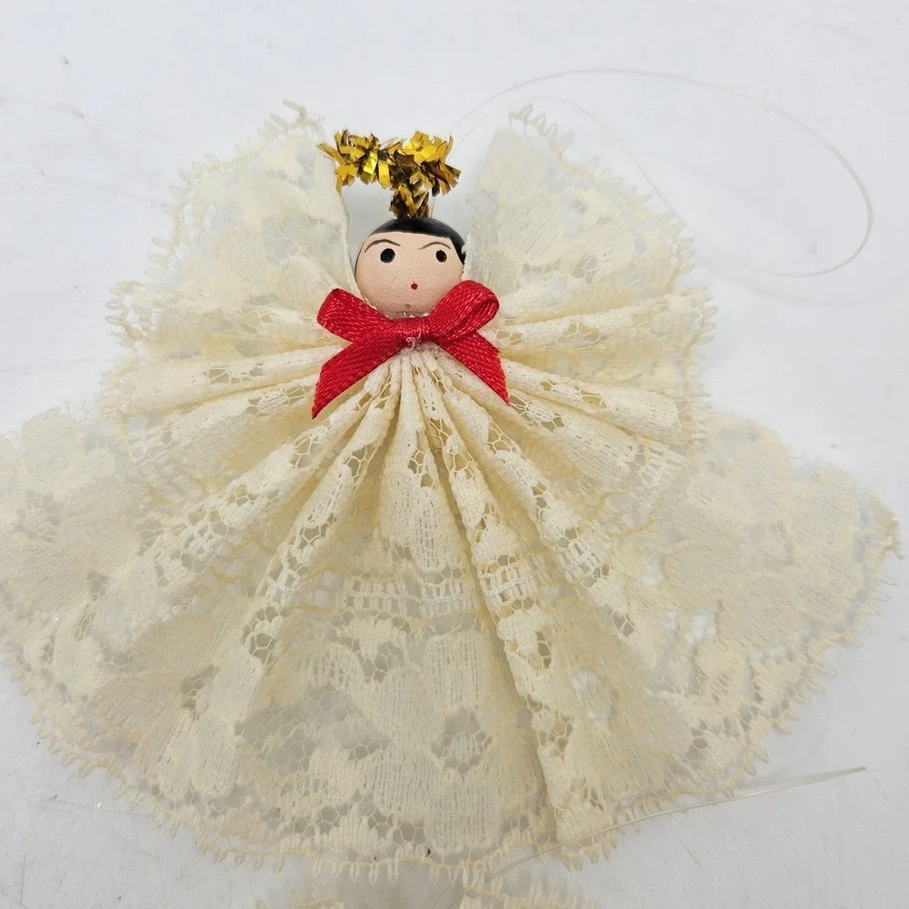 Vintage Handmade Lace Angel Christmas Ornaments Lot of 4 Wood Bead Faces